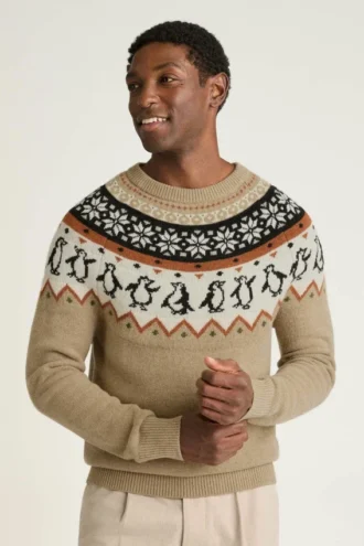 Jersey navideño para hombre de Bonobos | Festivo diseño Fair Isle con pingüinos